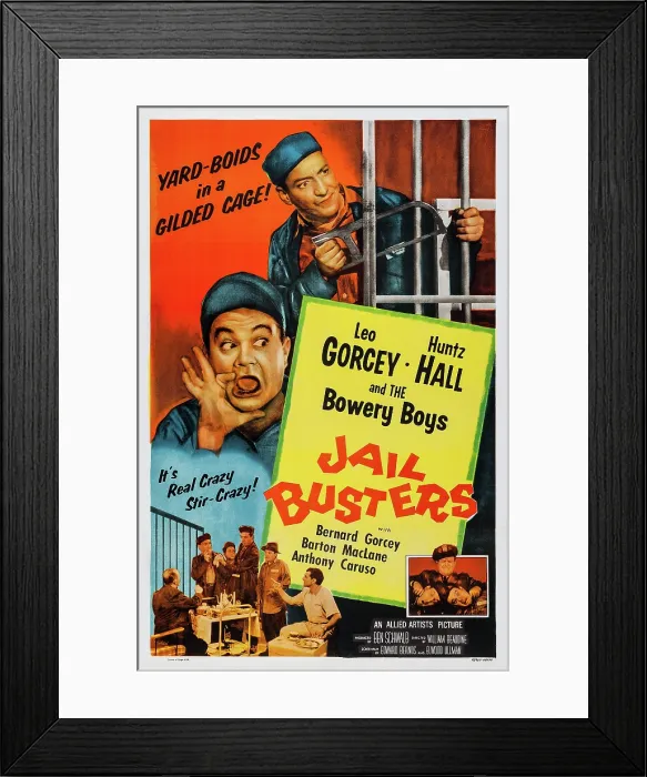 Framed Print : JAIL BUSTERS, top l-r: Leo Gorcey, Huntz Hall, bottom l-r: Huntz Hall on poster art, 1955