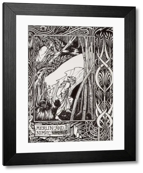 Framed Print : Merlin the Magician and Nimue. Engraving from 'The Death of Arthur' by Sir Thomas Malory, edition with pictures by Aubrey Beardsley (1892-1894). Modernism. Engraving