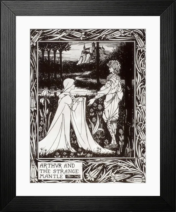 Framed Print : The king Arthur and the strange cloak. Engraving from 'The Death of Arthur' by Sir Thomas Malory, edition illustrated by Aubrey Beardsley (1892- 1894). Modernism