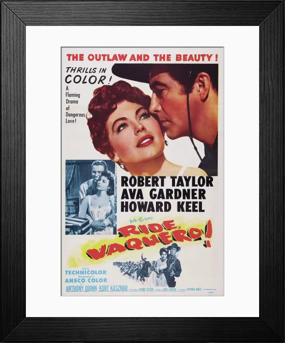Framed Print : RIDE, VAQUERO!, US poster art, top from left: Ava Gardner, Robert Taylor; insert from left: Howard Keel, Ava Gardner, 1953 Framed Print : RIDE, VAQUERO!, US poster art, top from left: Ava Gardner, Robert Taylor; insert from left: Howard Keel, Ava Gardner, 1953