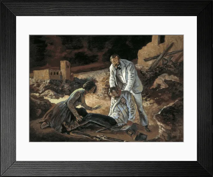 Framed Print : DUNANT, Henri (1845-1923). Henri Dunant helping a warwounded at the Battle of Solferino, which took place on the 24th June 1859. Oil on canvas Framed Print : DUNANT, Henri (1845-1923). Henri Dunant helping a warwounded at the Battle of Solferino, which took place on the 24th June 1859. Oil on canvas