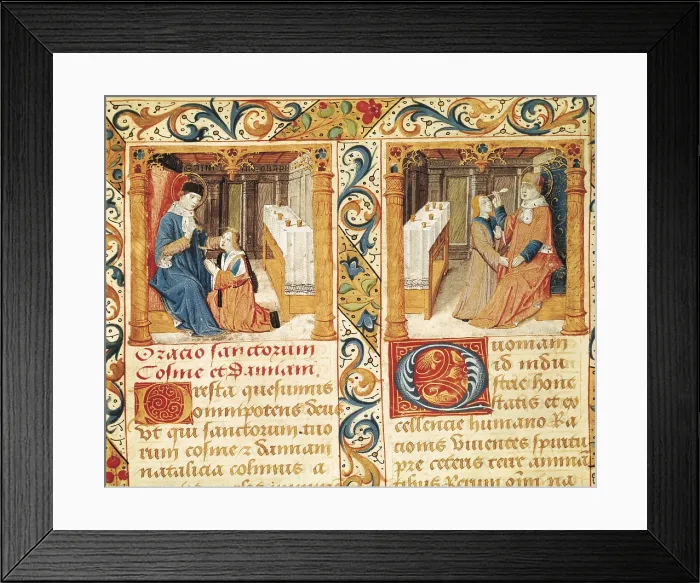 Framed Print : Illustration of the manuscript 'Studio on Saint Cosmas and Damian's Brotherhood' (16th c.). Cranial trepanation. Gothic art. Miniature Painting. ITALY. Venice Framed Print : Illustration of the manuscript 'Studio on Saint Cosmas and Damian's Brotherhood' (16th c.). Cranial trepanation. Gothic art. Miniature Painting. ITALY. Venice