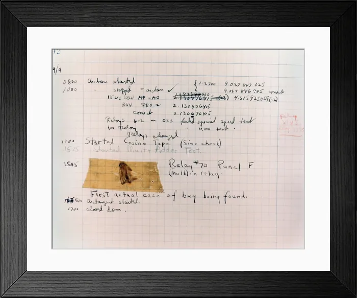 Framed Print : Technical service card reporting the first computer bug at Harvard University, Sept. 9, 1945