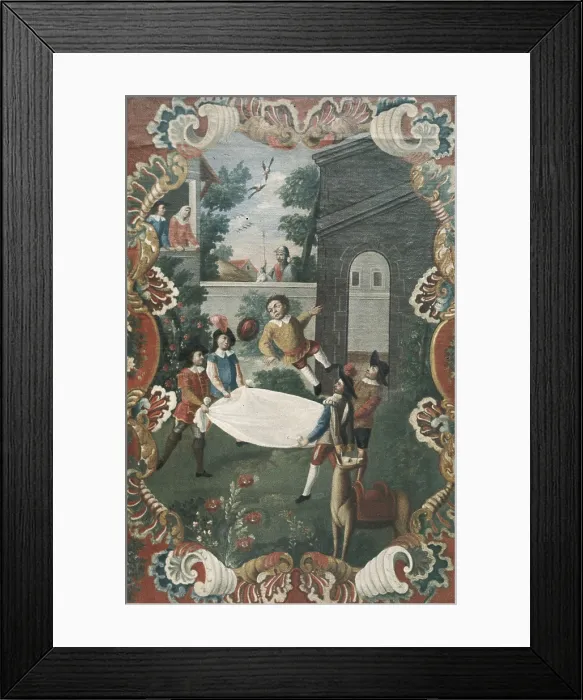 Framed Print : CERVANTES SAAVEDRA, Miguel de (1547-1616). Scene from 'Don Quixote of La Mancha', where they are tossing Sancho Panza in a blanket. Mexican School (18th c.). Painting Framed Print : CERVANTES SAAVEDRA, Miguel de (1547-1616). Scene from 'Don Quixote of La Mancha', where they are tossing Sancho Panza in a blanket. Mexican School (18th c.). Painting