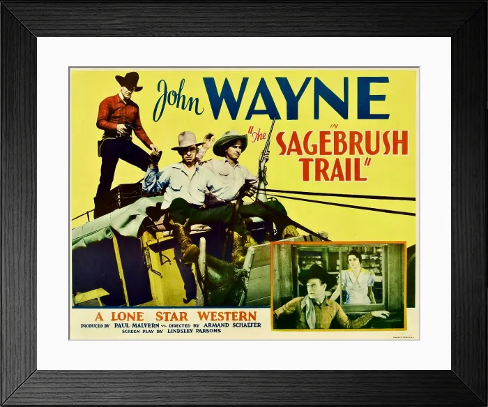 Framed Print : SAGEBRUSH TRAIL, top left: John Wayne, inset from left: John Wayne, Nancy Shubert, 1933 Framed Print : SAGEBRUSH TRAIL, top left: John Wayne, inset from left: John Wayne, Nancy Shubert, 1933