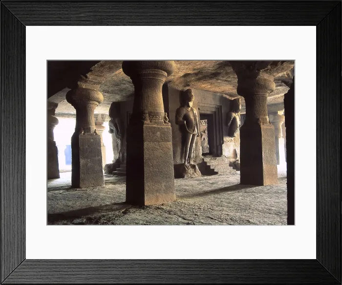 Framed Print : INDIA. MAHARASHTRA. Bombay. Elefanta. Elephanta Caves. Entrance to one of the rupestrian temples of the Hindu sanctuary (6th-8th c.) consacrated to Shiva
