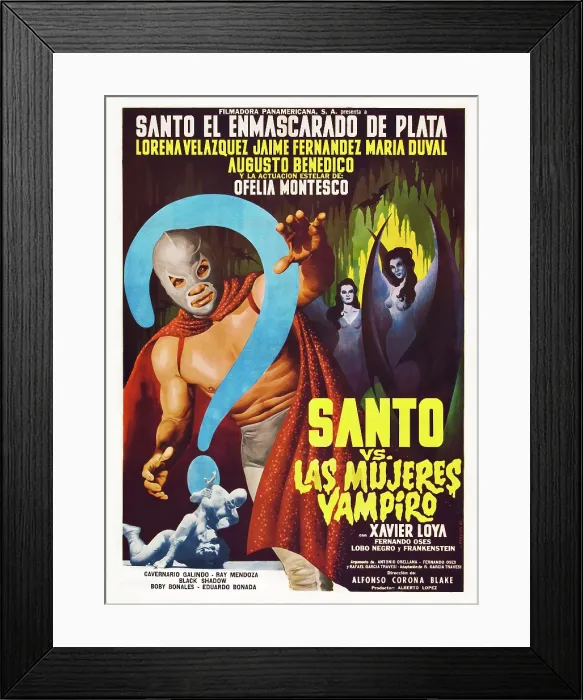 Framed Print : SANTO VS. THE VAMPIRE WOMEN), (aka SANTO VS. LAS MUJERES VAMPIRO), left: Santo on Spanish poster art, 1962 Framed Print : SANTO VS. THE VAMPIRE WOMEN), (aka SANTO VS. LAS MUJERES VAMPIRO), left: Santo on Spanish poster art, 1962