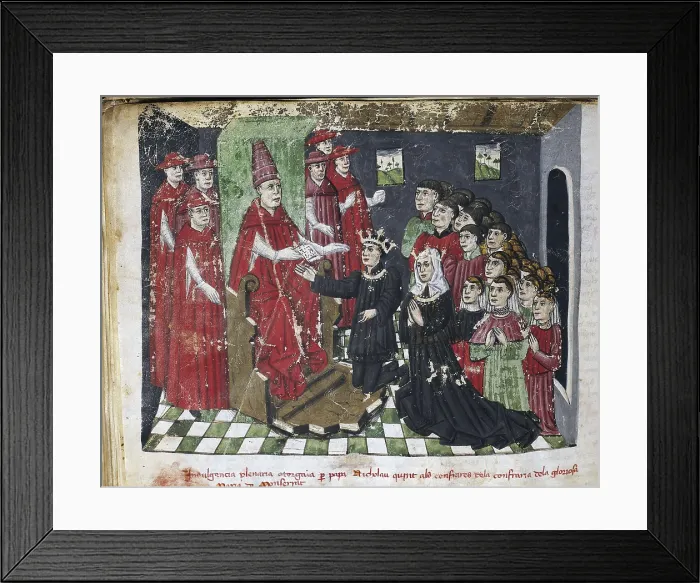 Framed Print : Red Book of Montserrat. 14th c. - 16th c. Pope Nicholas granting full indulgence ot the members of the Brotherhood of the Virgin of Montserrat Framed Print : Red Book of Montserrat. 14th c. - 16th c. Pope Nicholas granting full indulgence ot the members of the Brotherhood of the Virgin of Montserrat