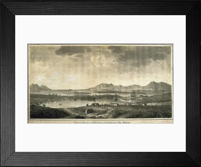 Framed Print : America (18th c.). Falkland Island. Dock and settlement of La Soledad. Picture by Fernando Brambila during the scientific expedition of Alejandro Malaspina (1789-1794) Framed Print : America (18th c.). Falkland Island. Dock and settlement of La Soledad. Picture by Fernando Brambila during the scientific expedition of Alejandro Malaspina (1789-1794)
