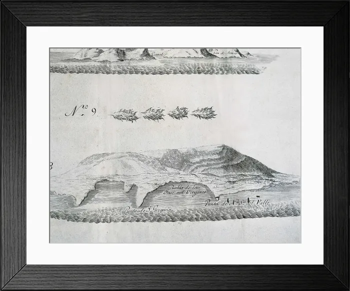 Framed Print : Straits of Magellan. Bay of the Eleven Thousand Virgins. Picture of Pedro Sarmiento de Gamboa's work 'Travel to Straits of Magellan' (1579-1580). Engraving