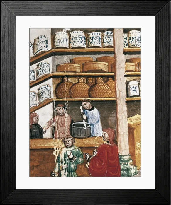 Framed Print : AVICENNA (980-1037). Detail with pharmacy scene. Venetian edition. Miniature Painting. SPAIN. Salamanca. Salamanca University Library. AISA / Everett Collection**US SALES ONLY**
