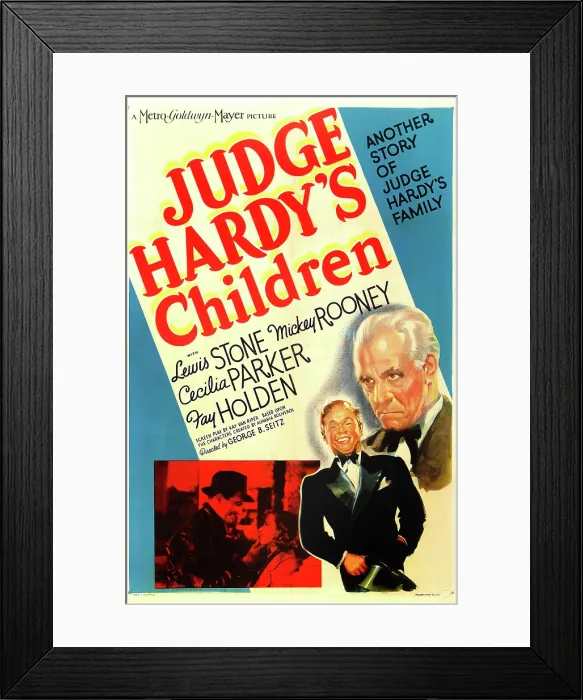 Framed Print : JUDGE HARDY'S CHILDREN, US poster art, from left: Leonard Penn, Cecilia Parker, Mickey Rooney, Lewis Stone, 1938
