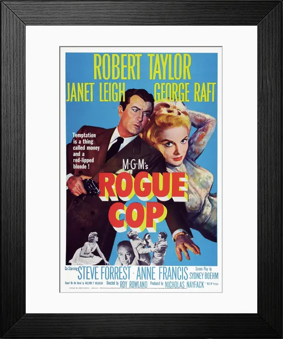 Framed Print : ROGUE COP, US poster art, top from left: Robert Taylor, Janet Leigh; bottom left: Anne Francis; bottom second left: George Raft, 1954