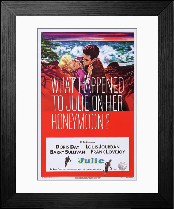 Framed Print : JULIE, US poster art, from left: Doris Day, Louis Jourdan, 1956 Framed Print : JULIE, US poster art, from left: Doris Day, Louis Jourdan, 1956