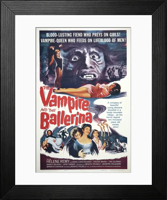 Framed Print : THE VAMPIRE AND THE BALLERINA, (aka L'AMANTE DEL VAMPIRO, aka THE VAMPIRE'S LOVER), top: Helene Remy, bottom: l-r: Walter Brandi, Helene Remy on poster art, 1960
