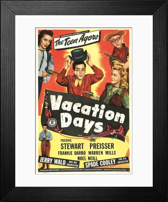 Framed Print : VACATION DAYS, US poster, from left: Noel Neill, Freddie Stewart, June Preisser, Warren Mills, 1947