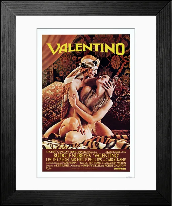 Framed Print : VALENTINO, poster art, Rudolf Nureyev (as Rudolph Valentino) Michelle Phillips, 1977