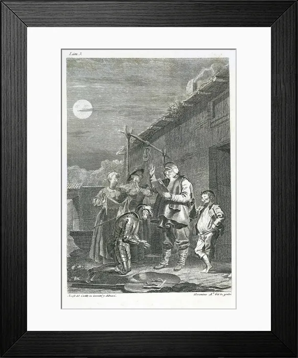 Framed Print : CERVANTES SAAVEDRA, Miguel de (1547-1616). Illustration of 'The Ingenious Gentleman Don Quixote of La Mancha' (first part, chapter 3). Etching. SPAIN. Barcelona