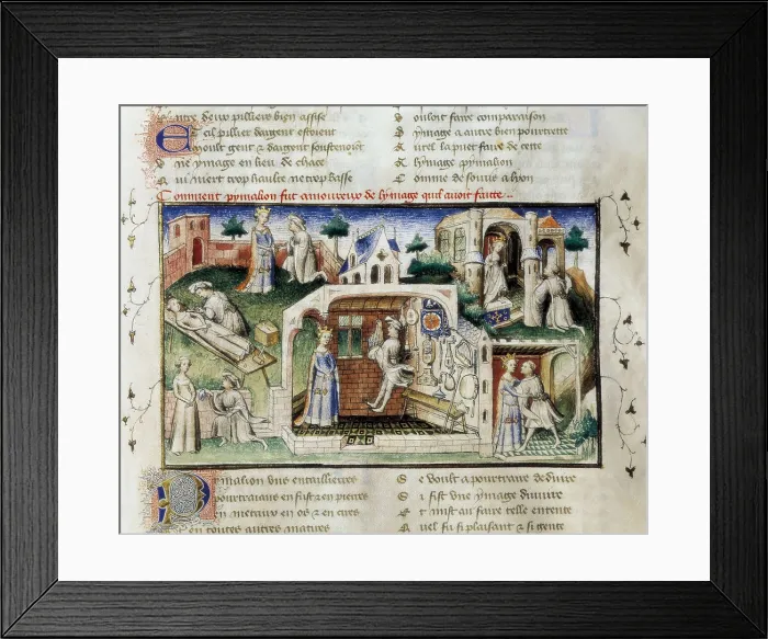 Framed Print : The Romance of the Rose. s.XIV. 'How Pygmalion fell in love with the statue that he had made'. Miniature (fol. 142rv.). Gothic art. Miniature Painting. SPAIN. Valencia Framed Print : The Romance of the Rose. s.XIV. 'How Pygmalion fell in love with the statue that he had made'. Miniature (fol. 142rv.). Gothic art. Miniature Painting. SPAIN. Valencia