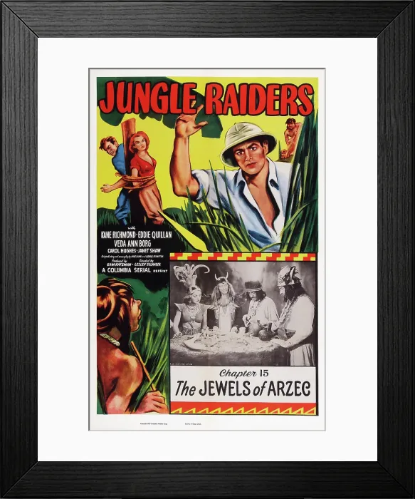 Framed Print : JUNGLE RAIDERS, US poster art, top right: Kane Richmond; Chapter 15: The Jewels of Arzec, 1945