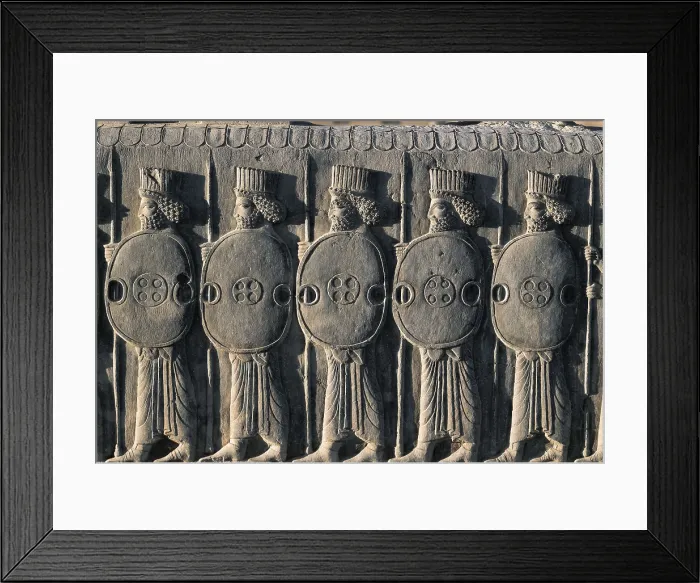 Framed Print : Persian soldiers with shields. 6th c. - 5th c. BC. IRAN. Persepolis. Palace of Darius. Relief of the northern stairs. Persian art. Achaemenid period. Relief on rock