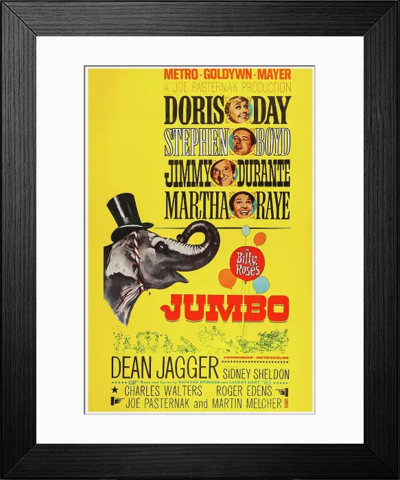 Framed Print : JUMBO, (aka BILLY ROSE'S JUMBO), US poster art, from top: Doris Day, Stephen Boyd, Jimmy Durante, Martha Raye, 1962