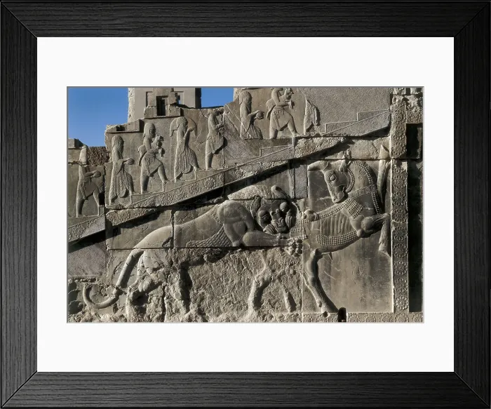 Framed Print : Lion-Bull Combat. 6th c. - 5th c. BC. IRAN. Persepolis. Palace of Darius. Panel of the west side of the stairs. Persian art. Achaemenid period. Relief on rock Framed Print : Lion-Bull Combat. 6th c. - 5th c. BC. IRAN. Persepolis. Palace of Darius. Panel of the west side of the stairs. Persian art. Achaemenid period. Relief on rock