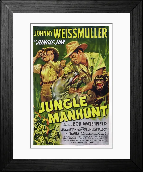 Framed Print : JUNGLE MANHUNT, US poster art, from left, Sheila Ryan, Johnny Weissmuller, 1951