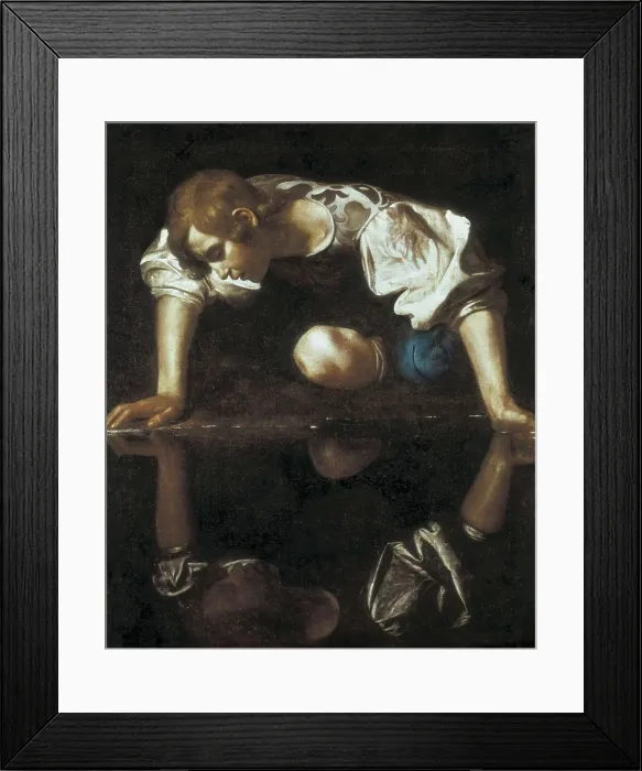 Framed Print : CARAVAGGIO, Michelangelo Merisi da (1573-1610). Narcissus. 1596-1598. Baroque art. Oil on canvas. ITALY. Rome. Barberini Palace and National Gallery of Ancient Art