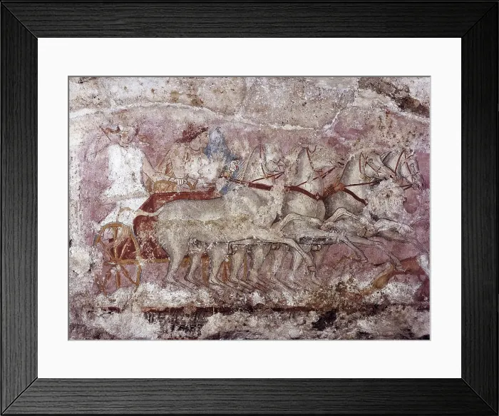 Framed Print : Sarcophagus of the Amazons. 350 -325 BC. Detail with four-in-hand. Etruscan art. Painting. ITALY. Florence. National Museum of Archaeology. Proc: ITALY. Tarquinia