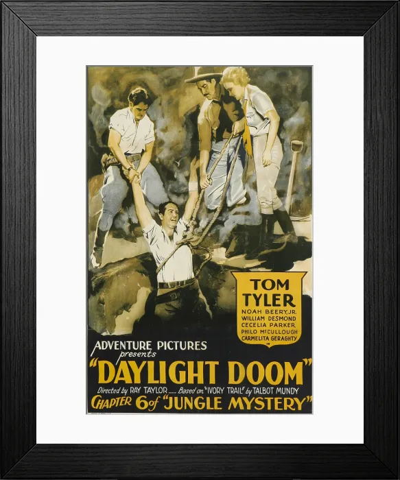 Framed Print : JUNGLE MYSTERIES, center: Tom Tyler, far right: Cecilia Parker in Chapter 6: Daylight Doom, 1932