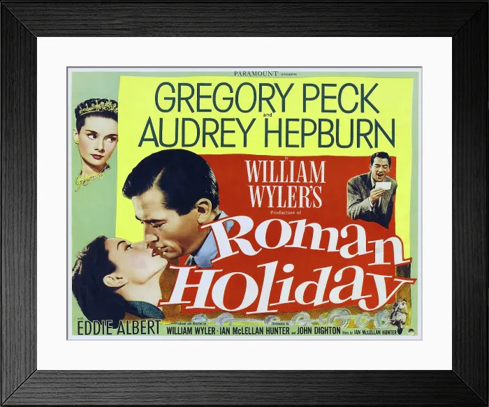 Framed Print : ROMAN HOLIDAY, top left: Audrey Hepburn; lower left, from left to right: Audrey Hepburn, Gregory Peck; on right: Gregory Peck, 1953 Framed Print : ROMAN HOLIDAY, top left: Audrey Hepburn; lower left, from left to right: Audrey Hepburn, Gregory Peck; on right: Gregory Peck, 1953