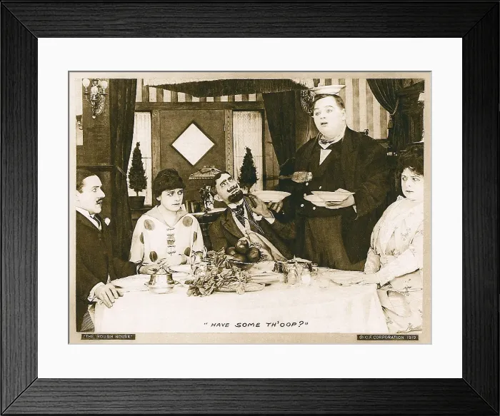 Framed Print : THE ROUGH HOUSE, second from left: Alice Lake; second from right: Roscoe Fatty Arbuckle; far right: Agnes Neilson in a scene card dated 1919, 1917 Framed Print : THE ROUGH HOUSE, second from left: Alice Lake; second from right: Roscoe Fatty Arbuckle; far right: Agnes Neilson in a scene card dated 1919, 1917