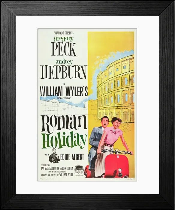 Framed Print : ROMAN HOLIDAY, l-r: Eddie Albert, Gregory Peck, Audrey Hepburn on poster art, 1953 Framed Print : ROMAN HOLIDAY, l-r: Eddie Albert, Gregory Peck, Audrey Hepburn on poster art, 1953