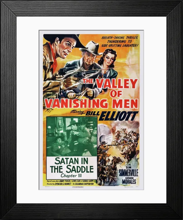 Framed Print : THE VALLEY OF VANISHING MEN, top from left: Bill Elliott, Slim Summerville, Carmen Morales, in Chapter 11-Satan in the Saddle, 1942 Framed Print : THE VALLEY OF VANISHING MEN, top from left: Bill Elliott, Slim Summerville, Carmen Morales, in Chapter 11-Satan in the Saddle, 1942