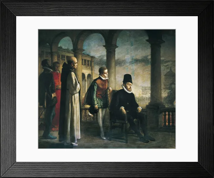 Framed Print : VALDIVIESO, Domingo (1830-1872). Philip II attending to an Auto de Fe or Auto-da-Fe. s.XIX. Oil on canvas. SPAIN. Barcelona. Barcelona University Library