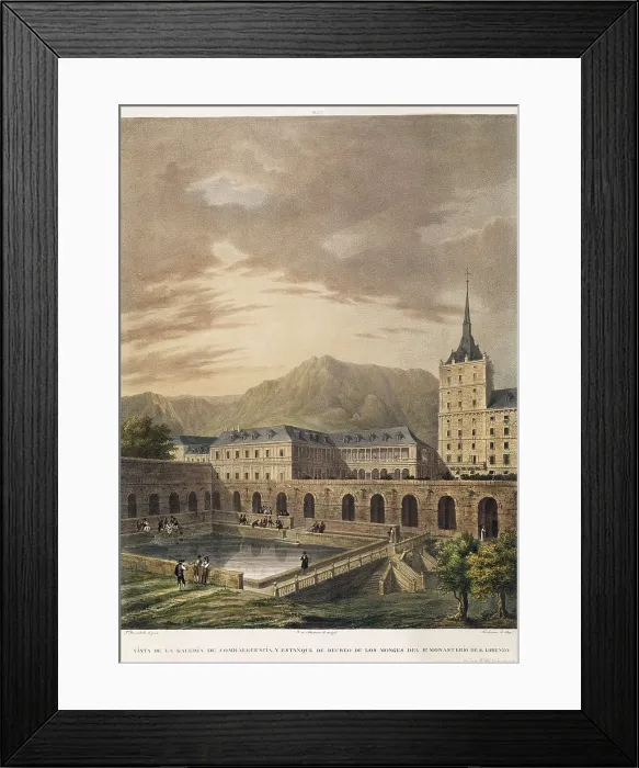 Framed Print : Real Monasterio de San Lorenzo del Escorial (19th c.). Convalescence gallery and leisure pond of the monks. Litography. SPAIN. Madrid. Municipal Museum