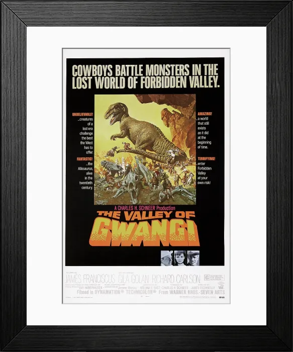 Framed Print : THE VALLEY OF GWANGI, US poster art, bottom from left: Richard Carlson, Gila Golan, James Franciscus, 1969