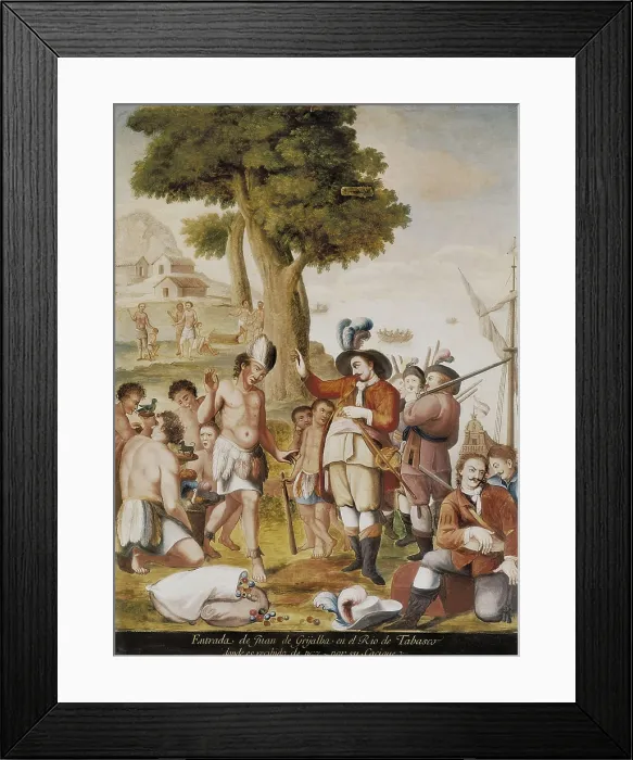 Framed Print : America (16th c.). Spanish conquest of Mexico. Entrance of Juan de Grijalva into the Tabasco estuary. Painting belonging to the series 'Conquest of Mxico'. Painting Framed Print : America (16th c.). Spanish conquest of Mexico. Entrance of Juan de Grijalva into the Tabasco estuary. Painting belonging to the series 'Conquest of Mxico'. Painting