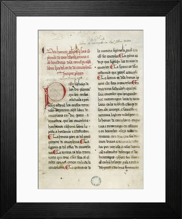 Framed Print : LLULL, Ramn (1235-1315). Page of 'Libre del Orde de Cavaylera' (Book on the Calvary Order). Manuscript from the 15th c. AISA / Everett Collection**US SALES ONLY** Framed Print : LLULL, Ramn (1235-1315). Page of 'Libre del Orde de Cavaylera' (Book on the Calvary Order). Manuscript from the 15th c. AISA / Everett Collection**US SALES ONLY**