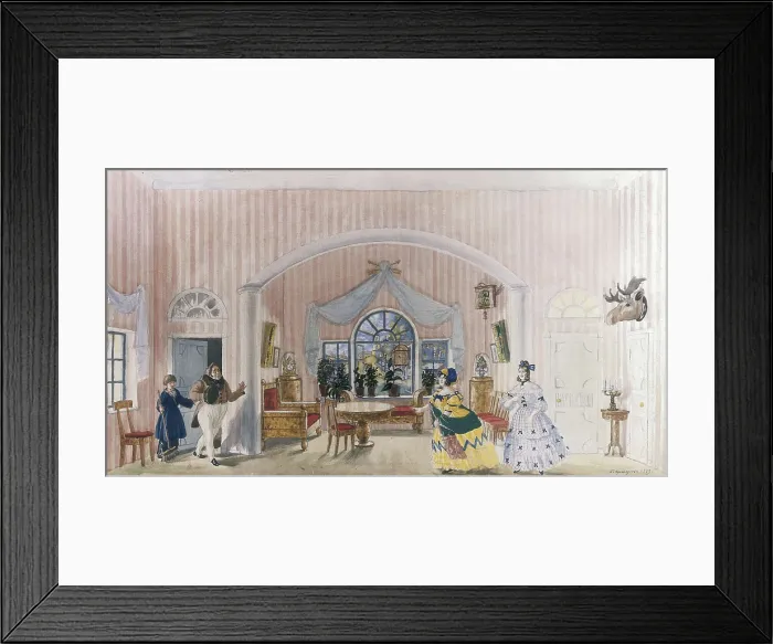 Framed Print : GOGOL, Nikolai Vasilievich (1809-1852). Scenery for the theatre performance of Gogol's work 'The Inspector General' in 1919 at the Maly theater of Drama in St