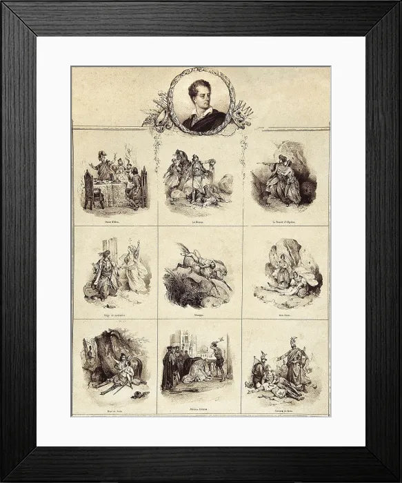 Framed Print : Byron, George Gordon Byron, 6th Baron, called 'Lord Byron' (1788-1824). Portrait of Lord Byorn with some scenes from his works. Litography. SPAIN. Madrid