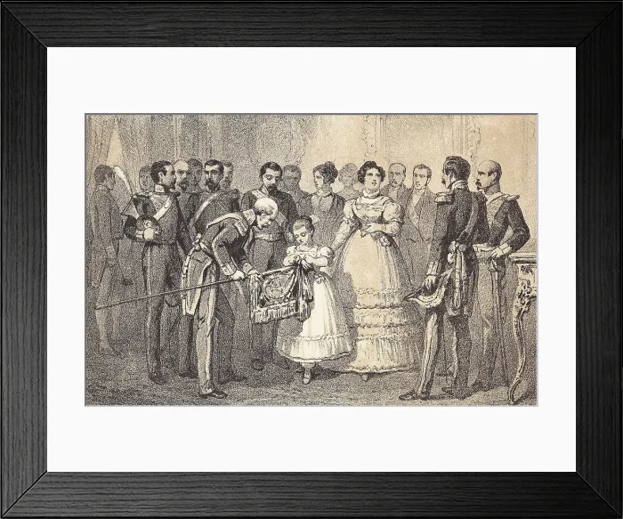 Framed Print : Spain (19th c.). Queen Isabel II, when she was a child, placing the ties of San Fernando in the banner of the Lanciers of the Guard. Litography Framed Print : Spain (19th c.). Queen Isabel II, when she was a child, placing the ties of San Fernando in the banner of the Lanciers of the Guard. Litography