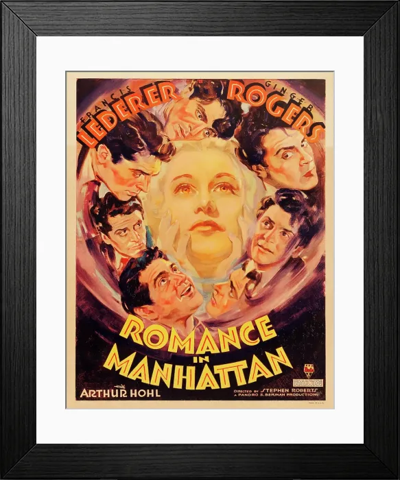 Framed Print : ROMANCE IN MANHATTAN, center: Ginger Rogers, border: Francis Lederer on window card, 1935 Framed Print : ROMANCE IN MANHATTAN, center: Ginger Rogers, border: Francis Lederer on window card, 1935