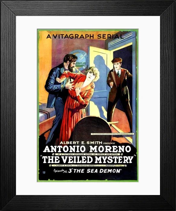 Framed Print : THE VEILED MYSTERY, Episode No. 3: THE SEA DEMON, Pauline Curley (woman in center); Antonio Moreno (man in doorway on right), 1920