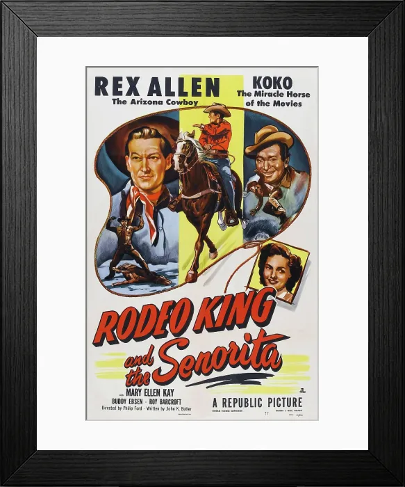 Framed Print : RODEO KING AND THE SENORITA, US poster art, from left: Rex Allen, Koko the Miracle Horse of the Movies, Buddy Ebsen, Mary Ellen Kay, 1951 Framed Print : RODEO KING AND THE SENORITA, US poster art, from left: Rex Allen, Koko the Miracle Horse of the Movies, Buddy Ebsen, Mary Ellen Kay, 1951