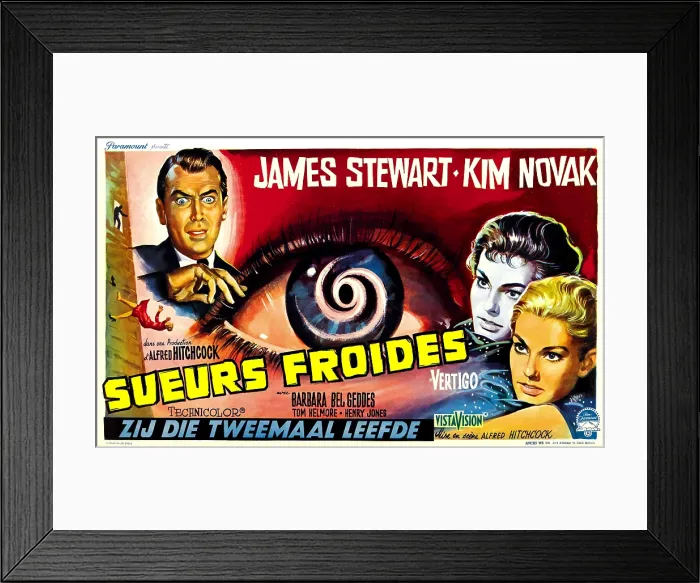 Framed Print : VERTIGO, top left: James Stewart; on right, both as a brunette and a blonde: Kim Novak; Belgian poster art, 1958 Framed Print : VERTIGO, top left: James Stewart; on right, both as a brunette and a blonde: Kim Novak; Belgian poster art, 1958