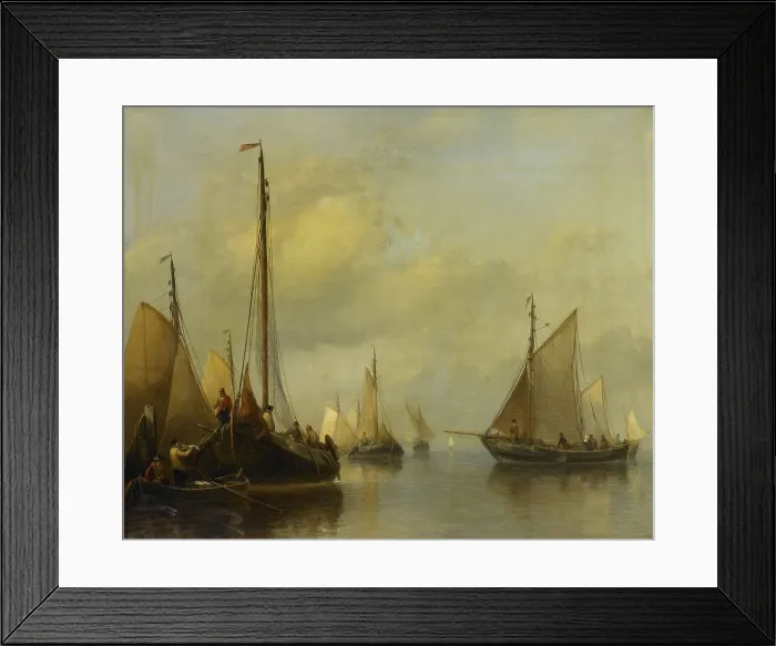 Framed Print : Fishing Boats on Calm Water, by Antonie Waldorp, 1840-50, Dutch painting, oil on panel. At left the catch is transferred to men in a row boat. (BSLOC_2016_1_235)