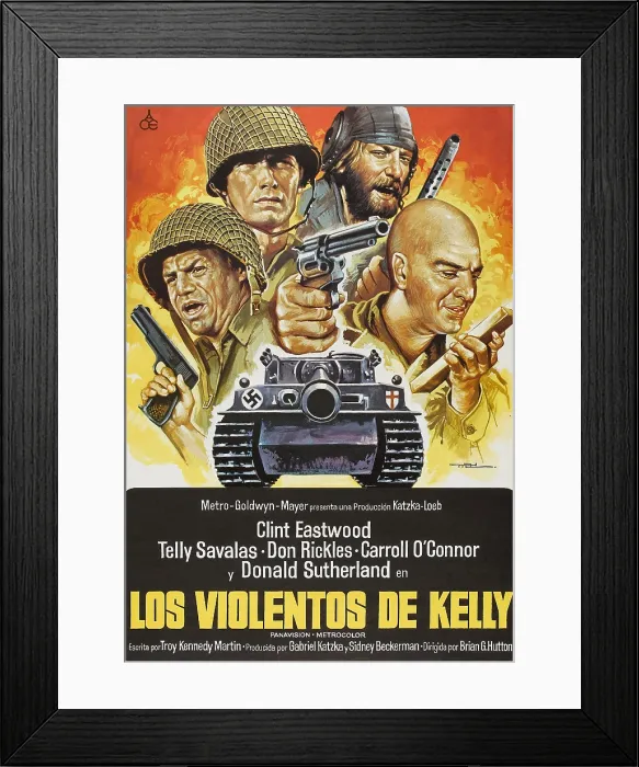 Framed Print : KELLY'S HEROES, (aka LOS VIOLENTOS DE KELLY), l-r: Don Rickles, Clint Eastwood, Donald Sutherland, Telly Savalas on Spanish poster art, 1970