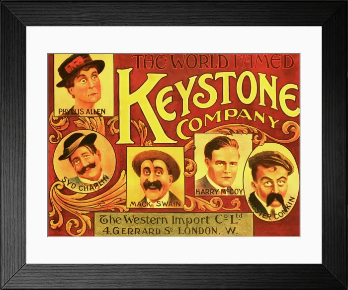 Framed Print : KEYSTONE FILM COMPANY, Promotional poster of performers Phyllis Allen, Syd Chaplin, Mack Swain, Harry McCoy and Chester Conklin, 1910s Framed Print : KEYSTONE FILM COMPANY, Promotional poster of performers Phyllis Allen, Syd Chaplin, Mack Swain, Harry McCoy and Chester Conklin, 1910s